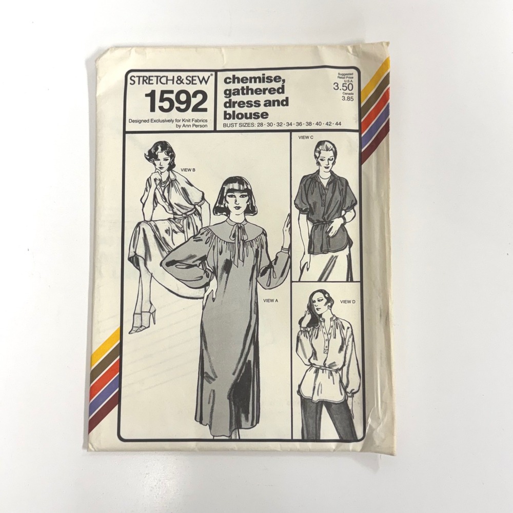 Vintage Stretch & Sew 1592 Dress Blouse Pattern Ann Person 1979 Bust 28-44 UNCUT